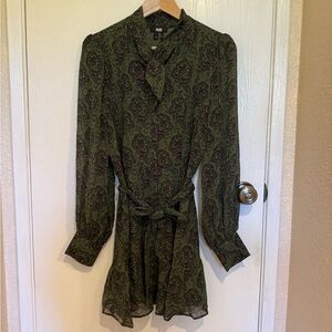 PAIGE Olive Paisley Tie-Waist Long Sleeve Mini Dress